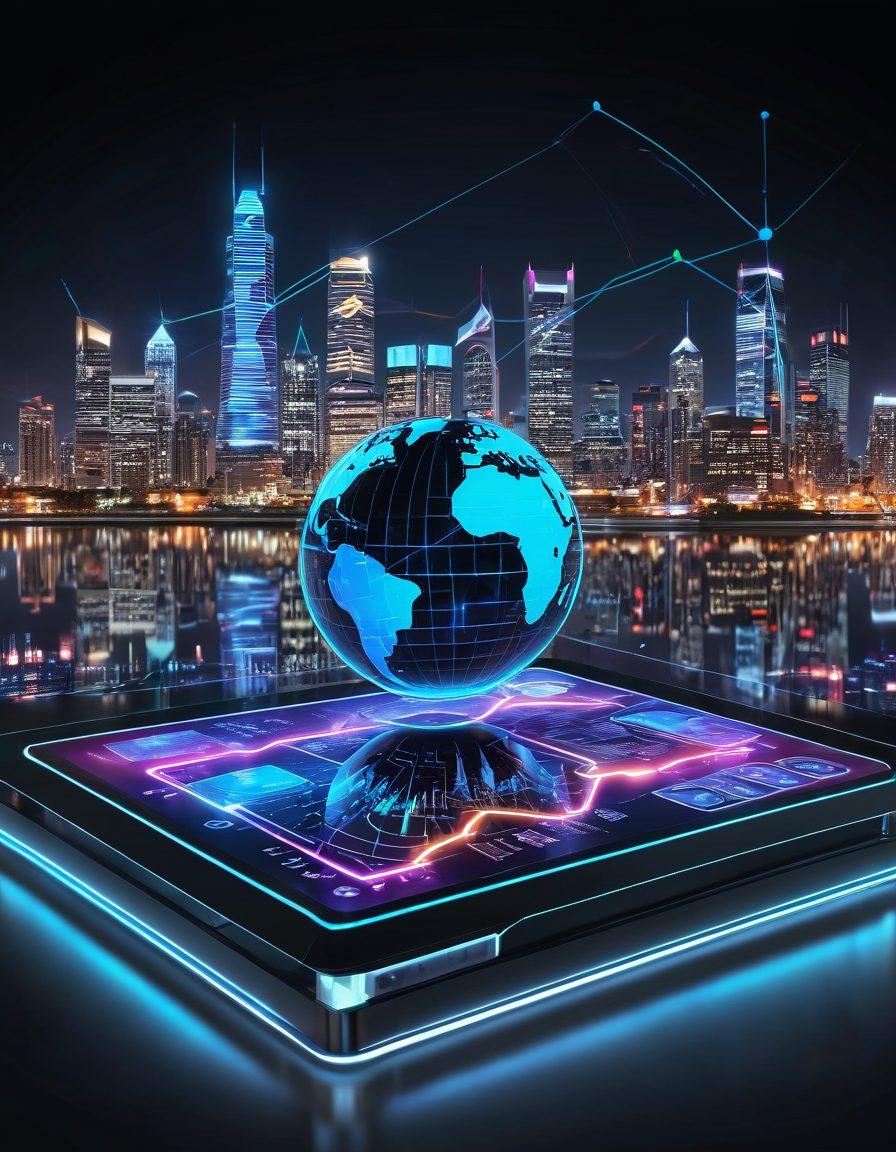 A futuristic digital platform surrounded by vibrant icons representing various online services, like a gear for tools, a chart for strategies, and a globe for global reach. The platform is connected by glowing lines to represent a network, set against a sleek, modern city skyline at night, symbolizing innovation and success. super-realistic. vibrant colors.