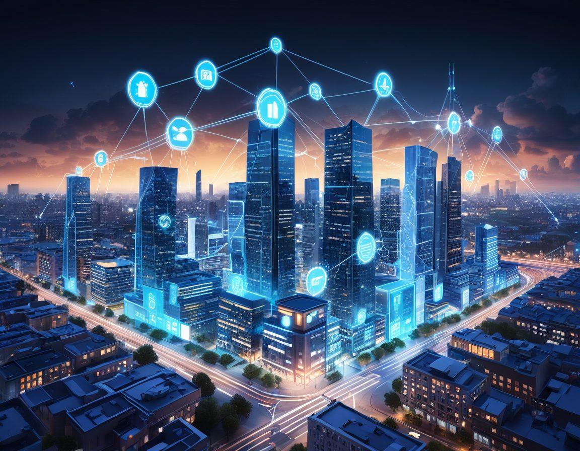 A futuristic cityscape where interconnected buildings symbolize web development, with one prominent building labeled 'EJBSS' glowing brightly. Flying digital services icons, such as coding symbols, cloud storage, and analytics charts, hover around the buildings, creating a sense of innovation and connectivity. Blue and white tones dominate to convey modernity and trust. 3D. vibrant colors.