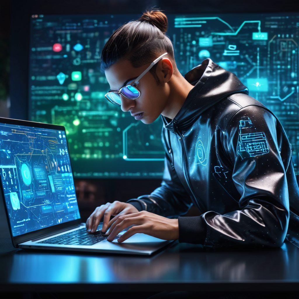 A tech-savvy web developer coding on a sleek laptop, surrounded by dynamic holographic interfaces and glowing code snippets representing EJBSS. Background includes abstract icons for user experience, scalability, and performance optimization. Futuristic, vibrant colors. 3D.